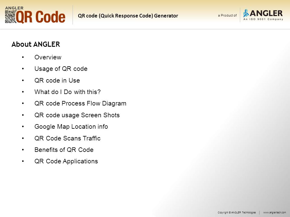a Product of QR code (Quick Response Code) Generator About ANGLER Overview Usage of QR code QR code in Use What do I Do with this.