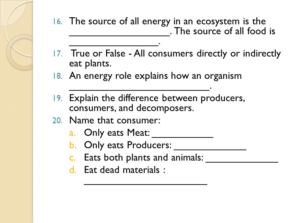 16. The source of all energy in an ecosystem is the __________________.