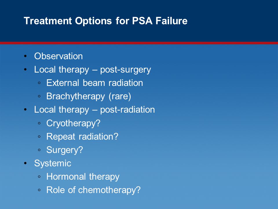 Treatment Options for PSA Failure Observation Local therapy – post-surgery ◦External beam radiation ◦Brachytherapy (rare) Local therapy – post-radiation ◦Cryotherapy.