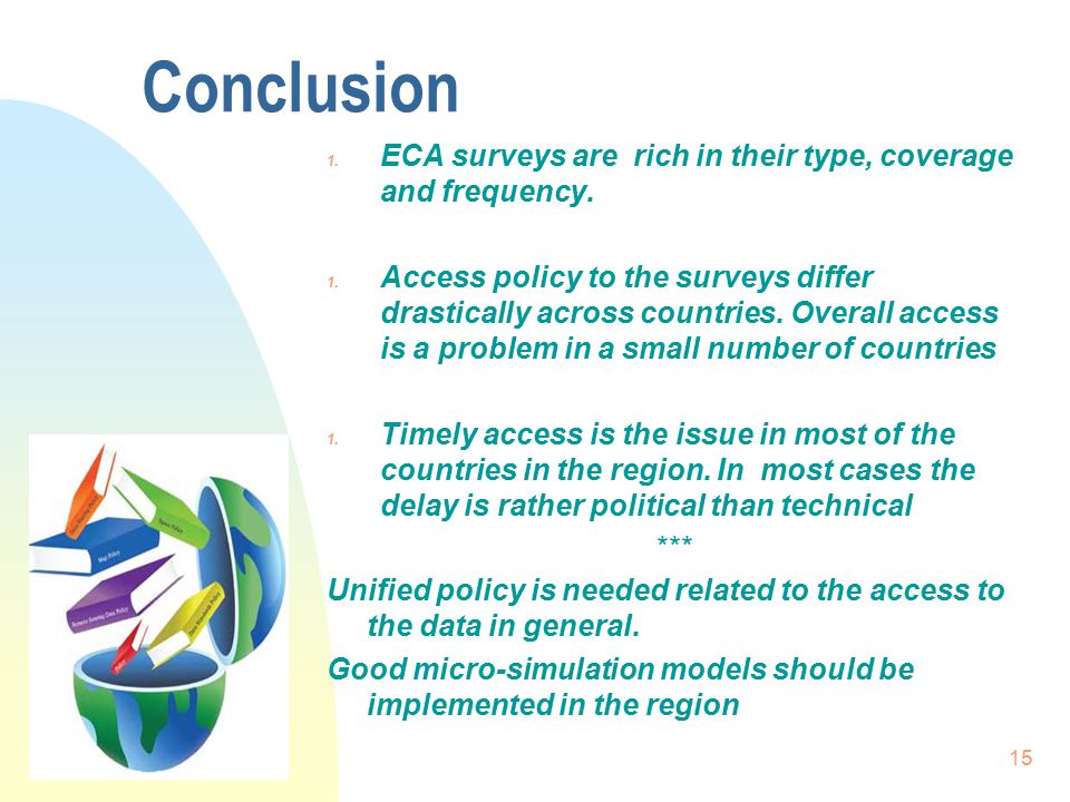15 Conclusion 1. ECA surveys are rich in their type, coverage and frequency.