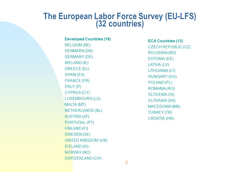2 The European Labor Force Survey (EU-LFS) (32 countries) Developed Countries (19) BELGIUM (BE) DENMARK (DK) GERMANY (DE) IRELAND (IE) GREECE (EL) SPAIN (ES) FRANCE (FR) ITALY (IT) CYPRUS (CY) LUXEMBOURG (LU) MALTA (MT) NETHERLANDS (NL) AUSTRIA (AT) PORTUGAL (PT) FINLAND (FI) SWEDEN (SE) UNITED KINGDOM (UK) ICELAND (IS) NORWAY (NO) SWITZERLAND (CH) ECA Countries (13) CZECH REPUBLIC (CZ) BULGARIA (BG) ESTONIA (EE) LATVIA (LV) LITHUANIA (LT) HUNGARY (HU) POLAND (PL) ROMANIA (RO) SLOVENIA (SI) SLOVAKIA (SK) MACEDONIA (MK) TURKEY (TR) CROATIA (HR)