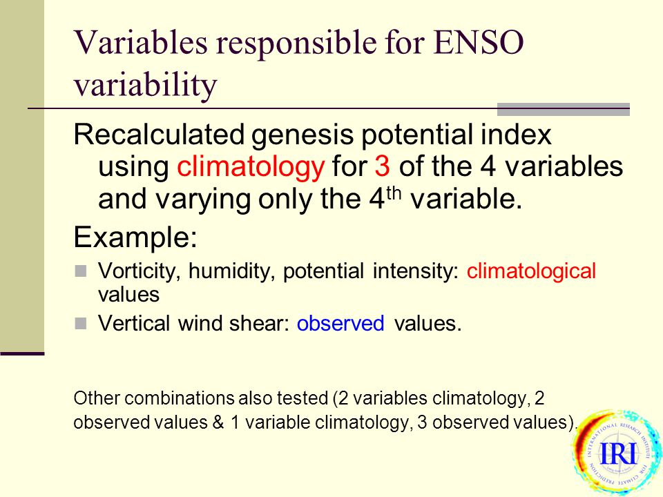 Variables responsible for ENSO variability Recalculated genesis potential index using climatology for 3 of the 4 variables and varying only the 4 th variable.