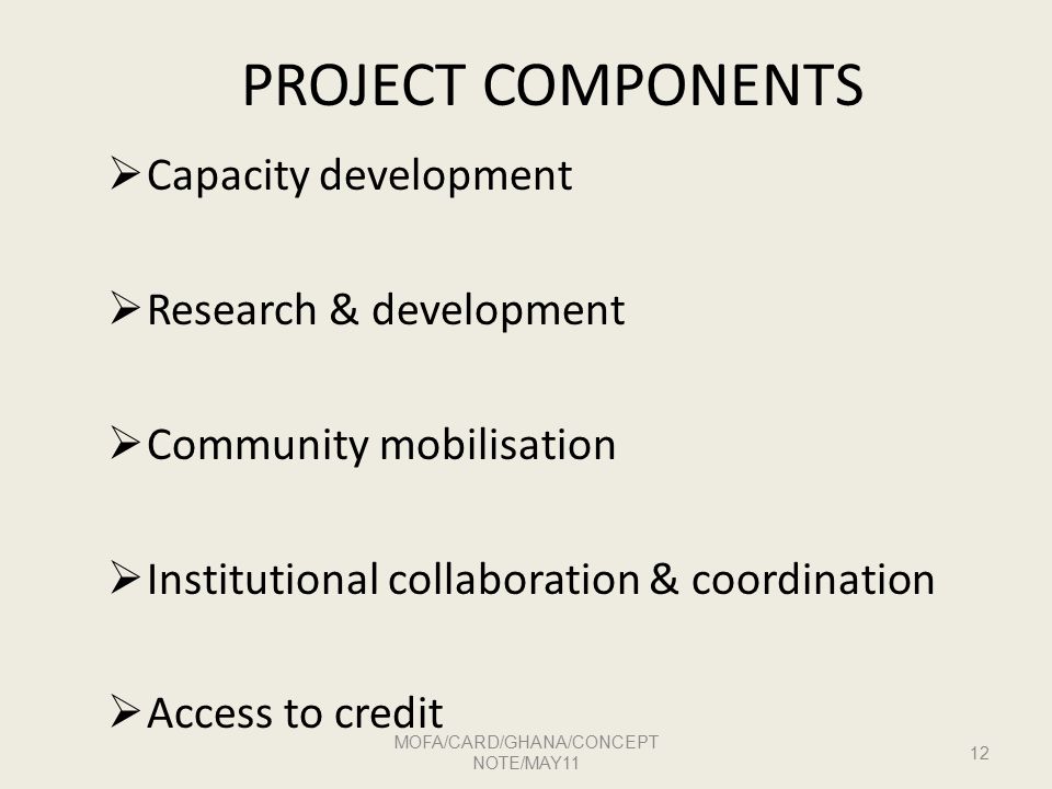 PROJECT COMPONENTS  Capacity development  Research & development  Community mobilisation  Institutional collaboration & coordination  Access to credit MOFA/CARD/GHANA/CONCEPT NOTE/MAY11 12