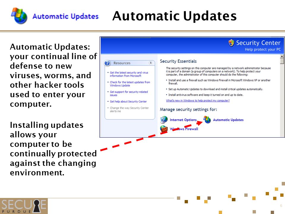 6 Automatic Updates Automatic Updates: your continual line of defense to new viruses, worms, and other hacker tools used to enter your computer.