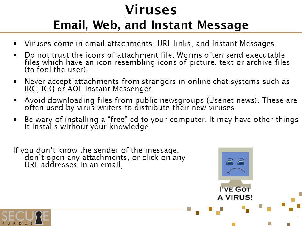 9 Viruses  , Web, and Instant Message  Viruses come in  attachments, URL links, and Instant Messages.