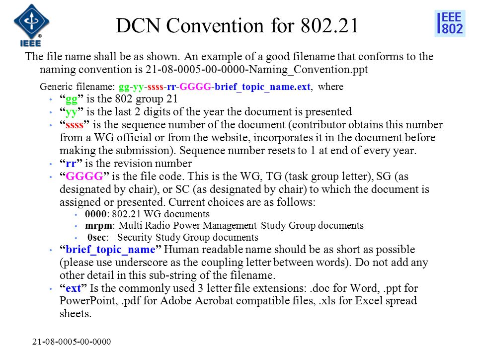 DCN Convention for The file name shall be as shown.