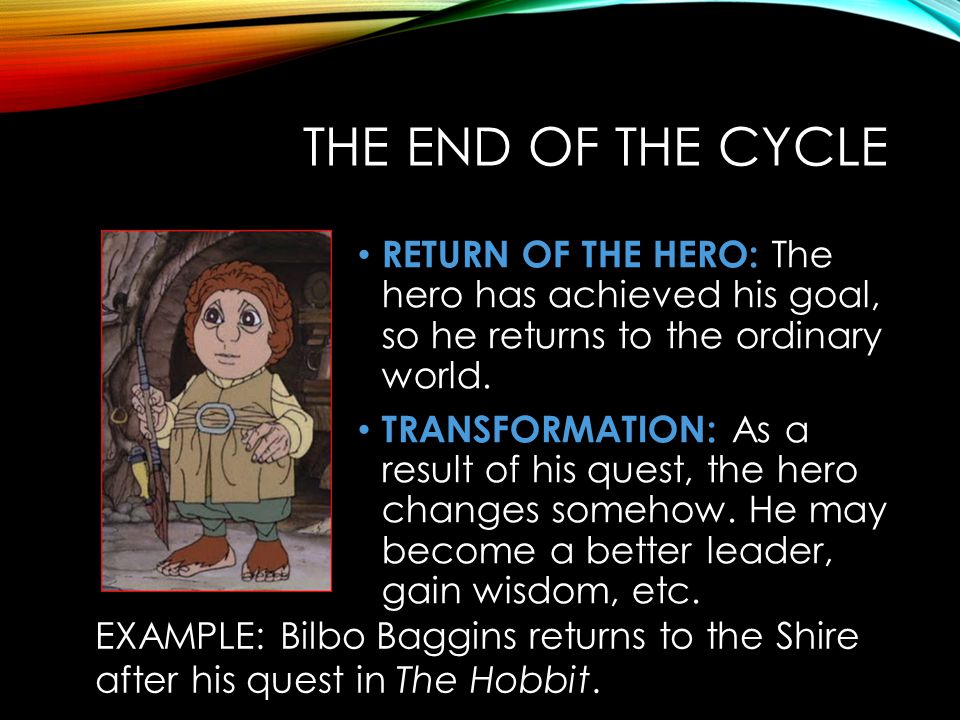 THE END OF THE CYCLE RETURN OF THE HERO: The hero has achieved his goal, so he returns to the ordinary world.