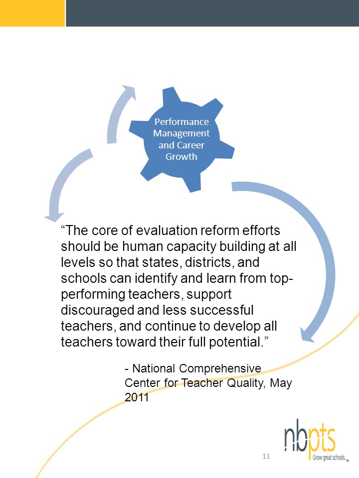 Professional Development Recognition and Reward Performance Management and Career Growth The core of evaluation reform efforts should be human capacity building at all levels so that states, districts, and schools can identify and learn from top- performing teachers, support discouraged and less successful teachers, and continue to develop all teachers toward their full potential. - National Comprehensive Center for Teacher Quality, May