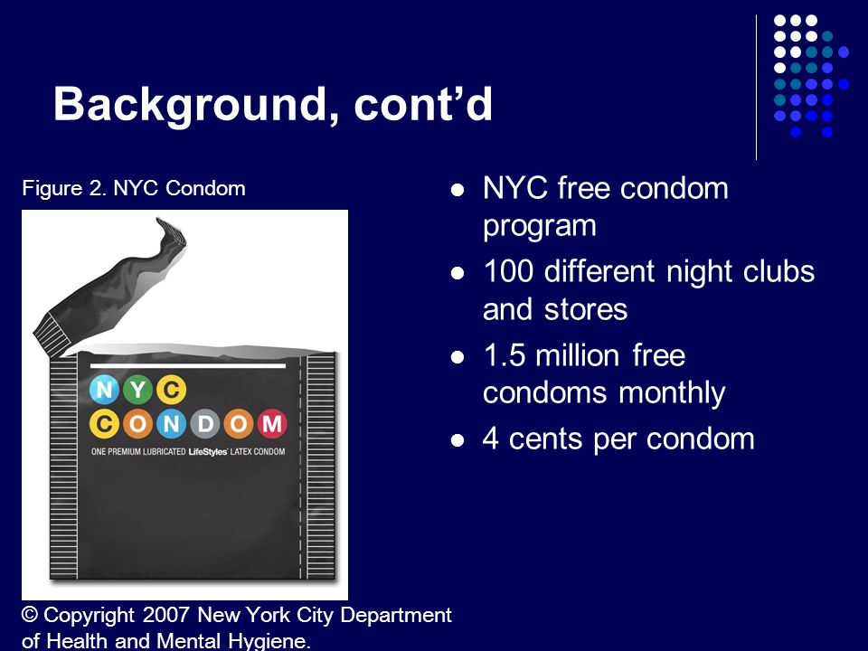 Background, cont’d NYC free condom program 100 different night clubs and stores 1.5 million free condoms monthly 4 cents per condom Figure 2.
