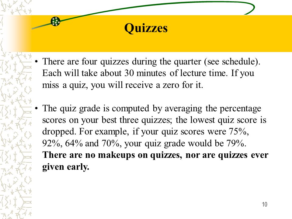 10 Quizzes There are four quizzes during the quarter (see schedule).