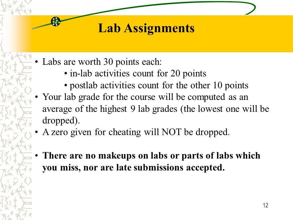12 Lab Assignments Labs are worth 30 points each: in-lab activities count for 20 points postlab activities count for the other 10 points Your lab grade for the course will be computed as an average of the highest 9 lab grades (the lowest one will be dropped).