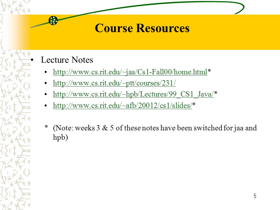 5 Lecture Notes *(Note: weeks 3 & 5 of these notes have been switched for jaa and hpb) Course Resources