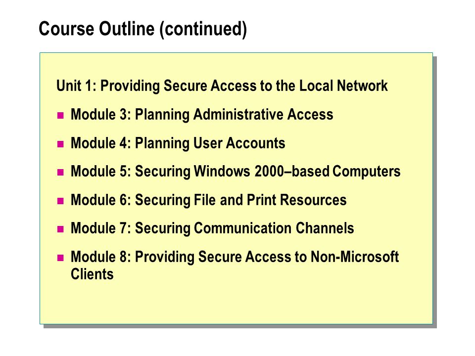 Course Outline (continued) Unit 1: Providing Secure Access to the Local Network Module 3: Planning Administrative Access Module 4: Planning User Accounts Module 5: Securing Windows 2000–based Computers Module 6: Securing File and Print Resources Module 7: Securing Communication Channels Module 8: Providing Secure Access to Non-Microsoft Clients