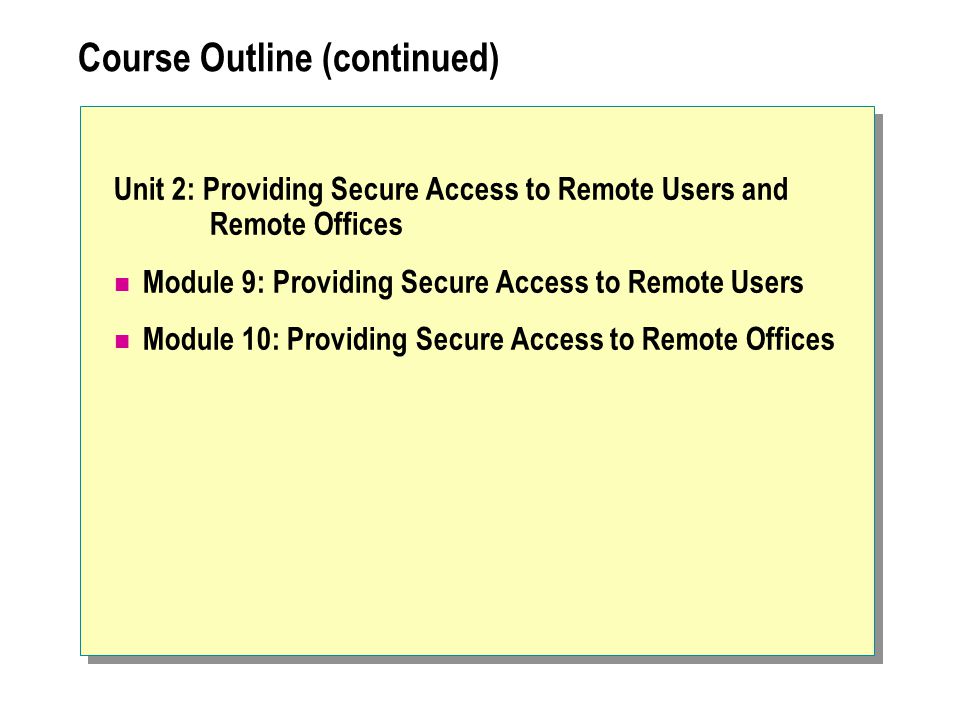 Course Outline (continued) Unit 2: Providing Secure Access to Remote Users and Remote Offices Module 9: Providing Secure Access to Remote Users Module 10: Providing Secure Access to Remote Offices