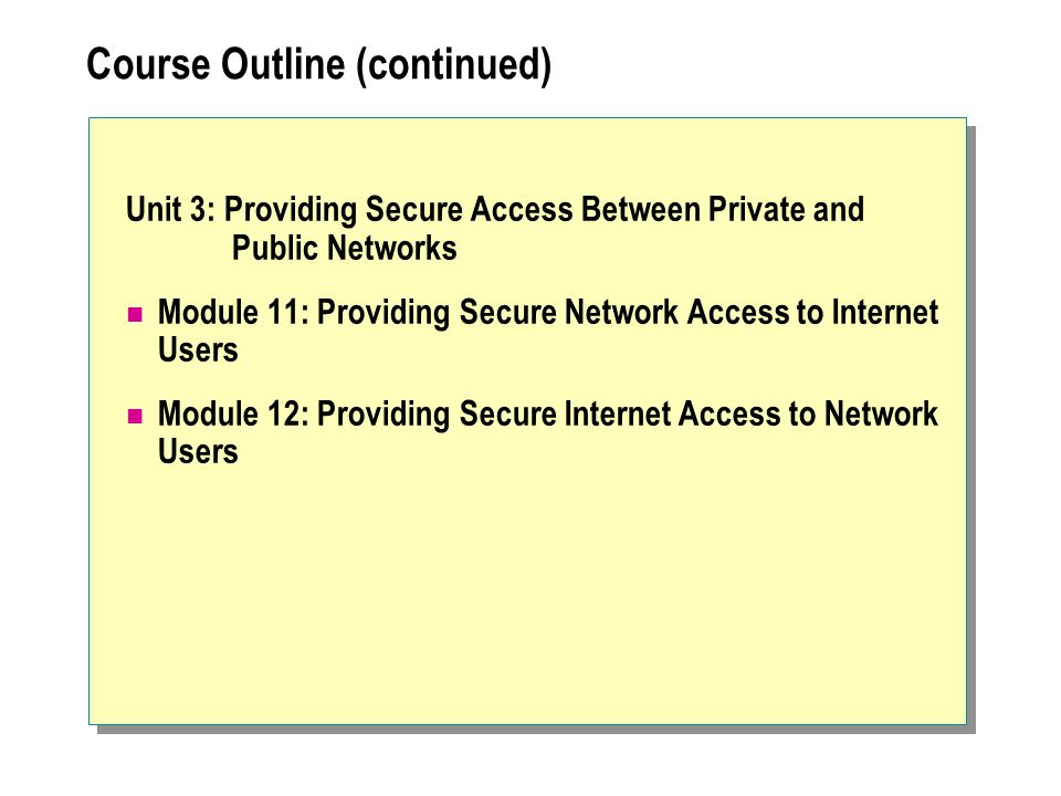 Course Outline (continued) Unit 3: Providing Secure Access Between Private and Public Networks Module 11: Providing Secure Network Access to Internet Users Module 12: Providing Secure Internet Access to Network Users