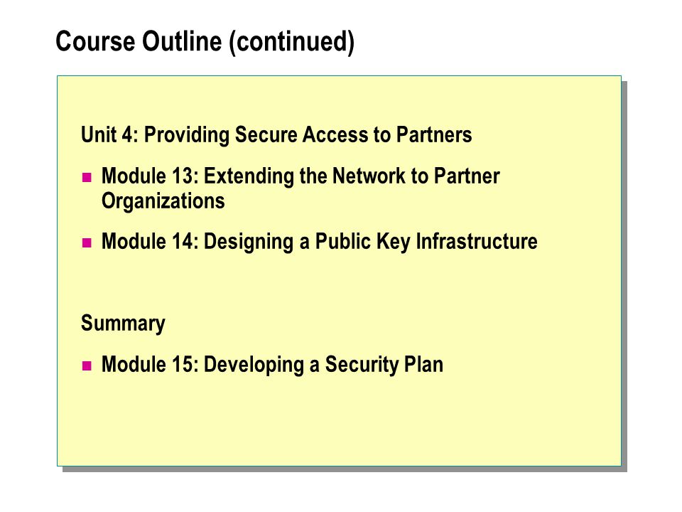 Course Outline (continued) Unit 4: Providing Secure Access to Partners Module 13: Extending the Network to Partner Organizations Module 14: Designing a Public Key Infrastructure Summary Module 15: Developing a Security Plan