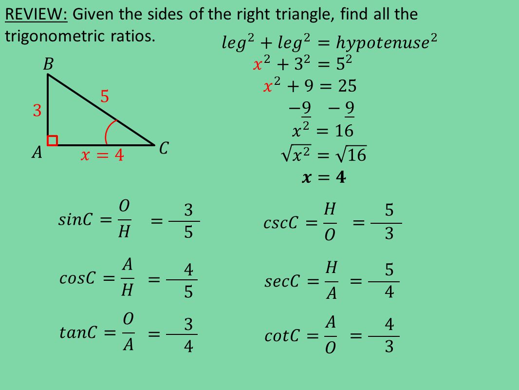 REVIEW: Given the sides of the right triangle, find all the trigonometric ratios.