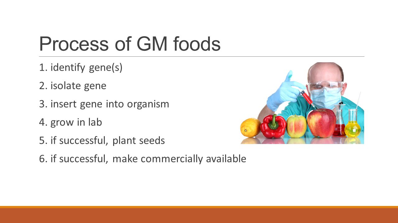 Process of GM foods 1. identify gene(s) 2. isolate gene 3.