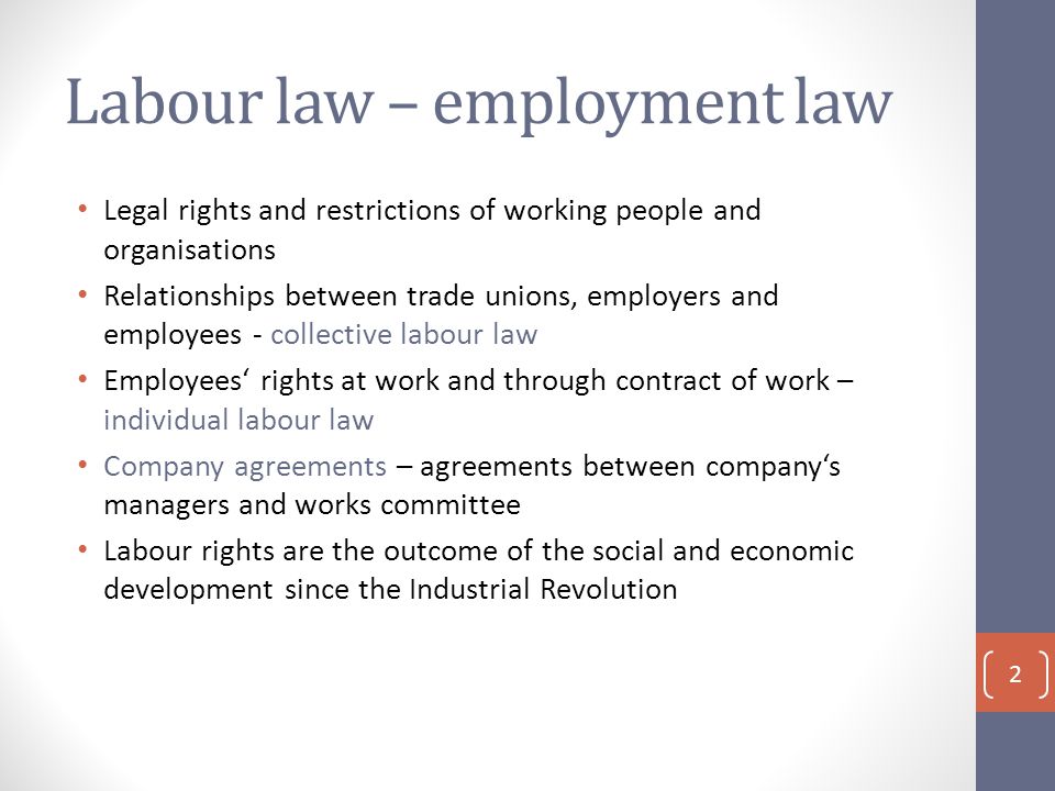 Labour law – employment law Legal rights and restrictions of working people and organisations Relationships between trade unions, employers and employees - collective labour law Employees‘ rights at work and through contract of work – individual labour law Company agreements – agreements between company‘s managers and works committee Labour rights are the outcome of the social and economic development since the Industrial Revolution 2