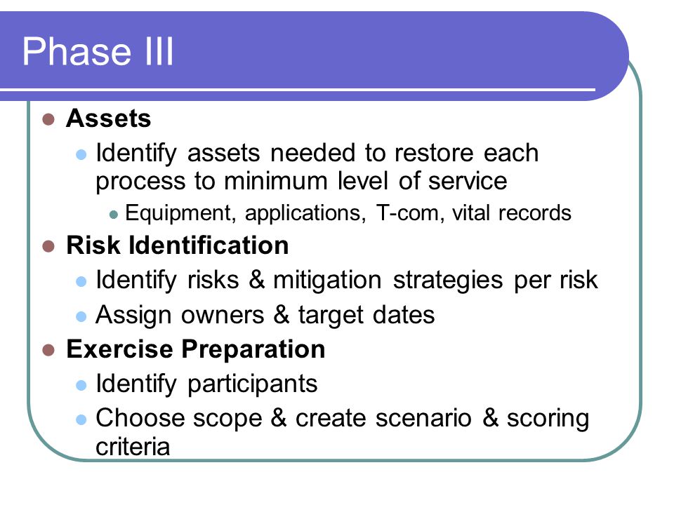 Phase III Assets Identify assets needed to restore each process to minimum level of service Equipment, applications, T-com, vital records Risk Identification Identify risks & mitigation strategies per risk Assign owners & target dates Exercise Preparation Identify participants Choose scope & create scenario & scoring criteria