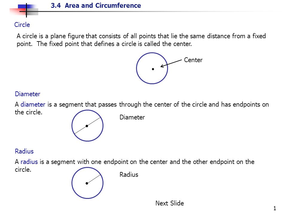 3.4 Area and Circumference 1 Circle A circle is a plane figure that consists of all points that lie the same distance from a fixed point.