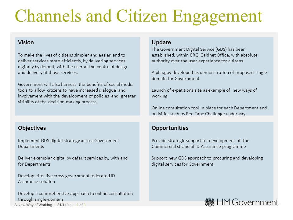 A New Way of Working : 21/11/11 : 2 of 8 Channels and Citizen Engagement Vision To make the lives of citizens simpler and easier, and to deliver services more efficiently, by delivering services digitally by default, with the user at the centre of design and delivery of those services.