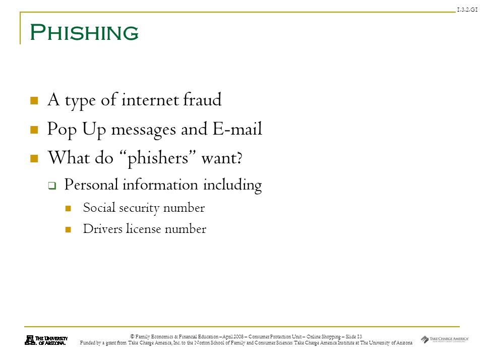 © Family Economics & Financial Education –April 2008 – Consumer Protection Unit – Online Shopping – Slide 13 Funded by a grant from Take Charge America, Inc.