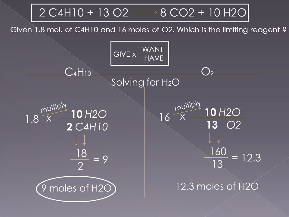 The Limited Reagent Is Reactant In A Chemical Reaction That Given 1 8 Mol Of C4h10 And 16 Moles O2 Which Is The Limiting