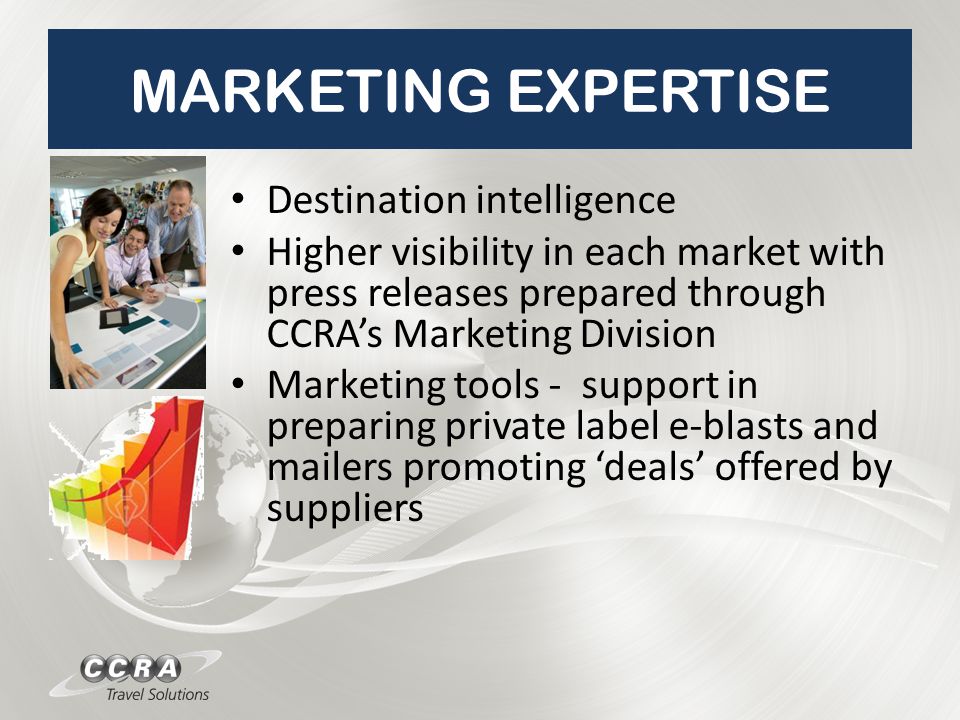 MARKETING EXPERTISE Destination intelligence Higher visibility in each market with press releases prepared through CCRA’s Marketing Division Marketing tools - support in preparing private label e-blasts and mailers promoting ‘deals’ offered by suppliers