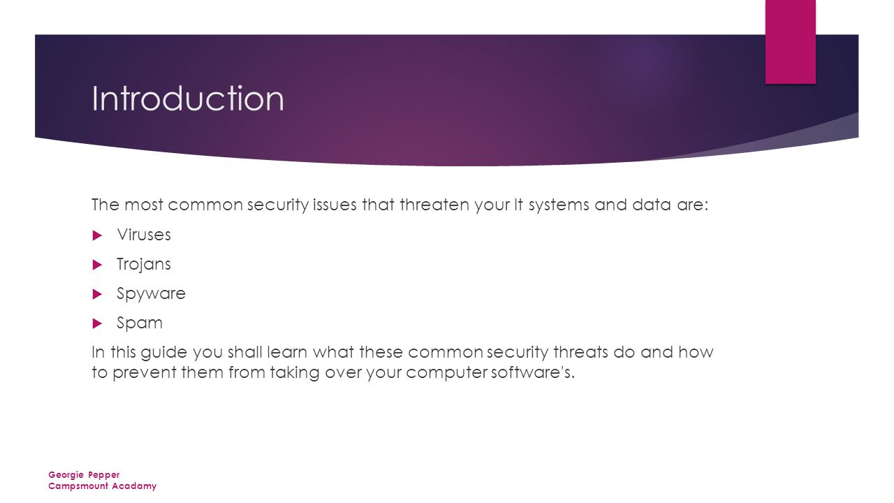 Introduction The most common security issues that threaten your It systems and data are:  Viruses  Trojans  Spyware  Spam In this guide you shall learn what these common security threats do and how to prevent them from taking over your computer software s.