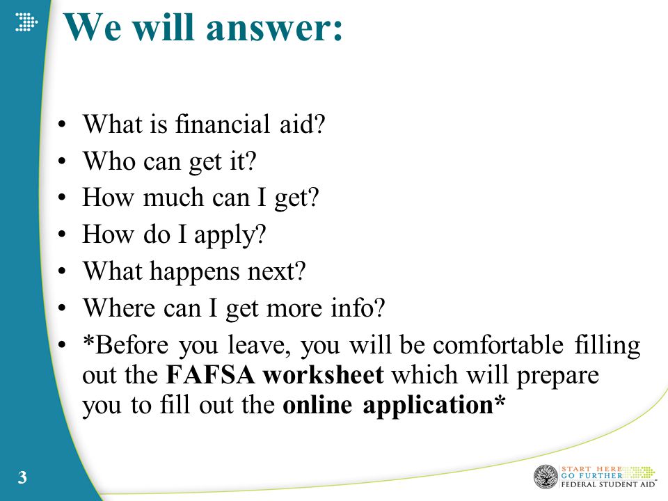 3 We will answer: What is financial aid. Who can get it.
