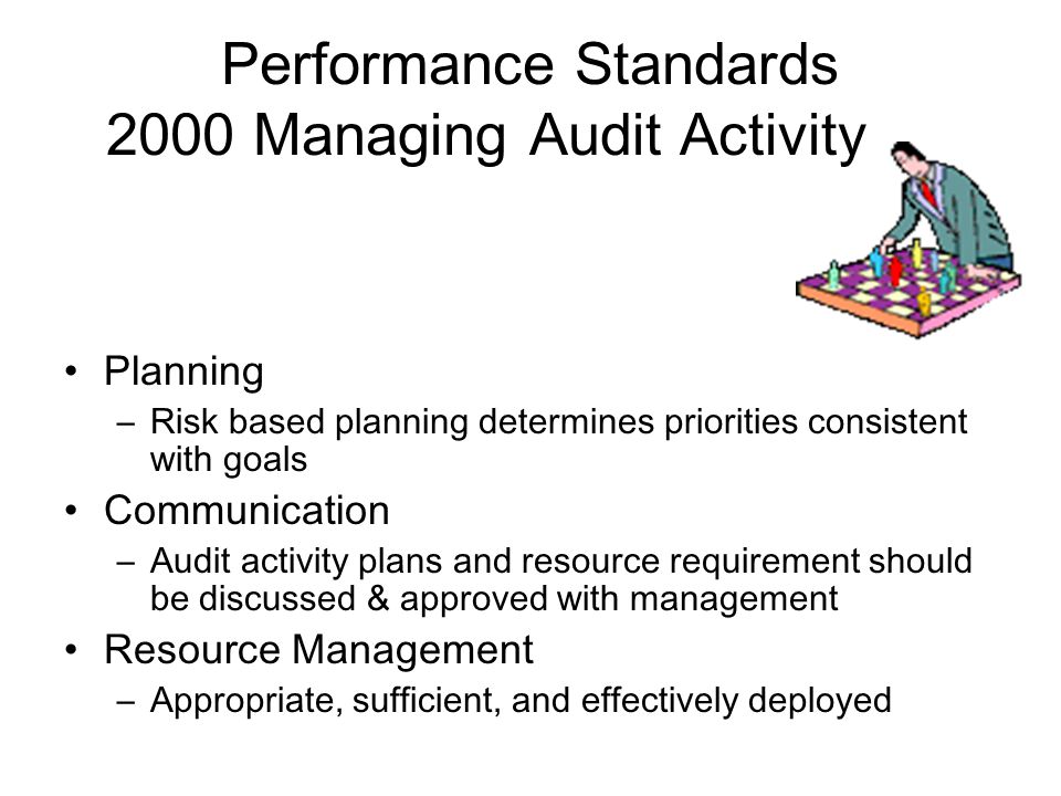 Performance Standards 2000 Managing Audit Activity Planning –Risk based planning determines priorities consistent with goals Communication –Audit activity plans and resource requirement should be discussed & approved with management Resource Management –Appropriate, sufficient, and effectively deployed