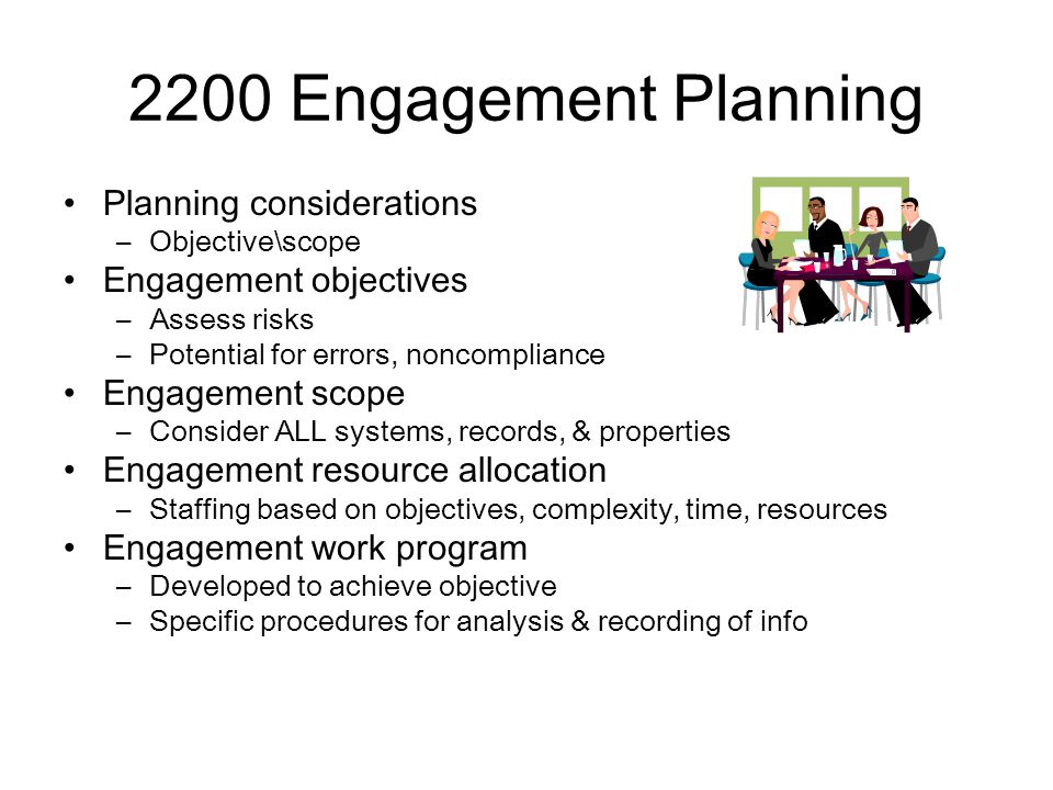 2200 Engagement Planning Planning considerations –Objective\scope Engagement objectives –Assess risks –Potential for errors, noncompliance Engagement scope –Consider ALL systems, records, & properties Engagement resource allocation –Staffing based on objectives, complexity, time, resources Engagement work program –Developed to achieve objective –Specific procedures for analysis & recording of info