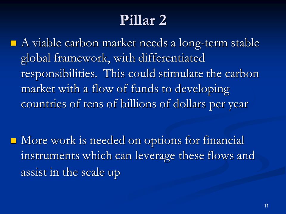 11 Pillar 2 A viable carbon market needs a long-term stable global framework, with differentiated responsibilities.