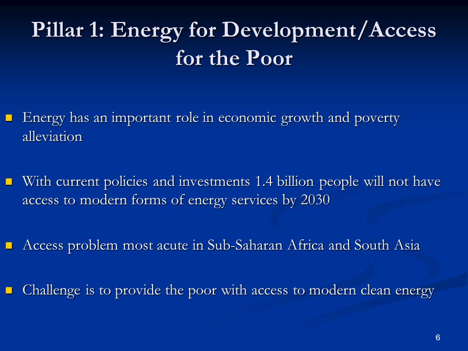 6 Pillar 1: Energy for Development/Access for the Poor Energy has an important role in economic growth and poverty alleviation Energy has an important role in economic growth and poverty alleviation With current policies and investments 1.4 billion people will not have access to modern forms of energy services by 2030 With current policies and investments 1.4 billion people will not have access to modern forms of energy services by 2030 Access problem most acute in Sub-Saharan Africa and South Asia Access problem most acute in Sub-Saharan Africa and South Asia Challenge is to provide the poor with access to modern clean energy Challenge is to provide the poor with access to modern clean energy