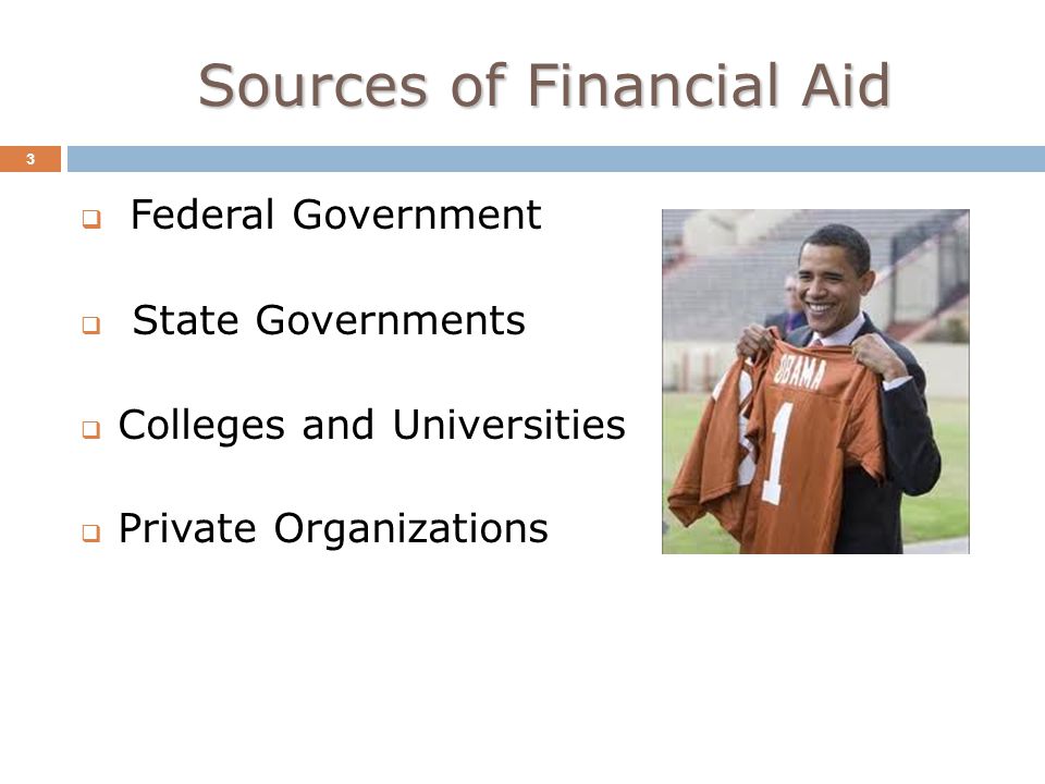 Sources of Financial Aid 3  Federal Government  State Governments  Colleges and Universities  Private Organizations