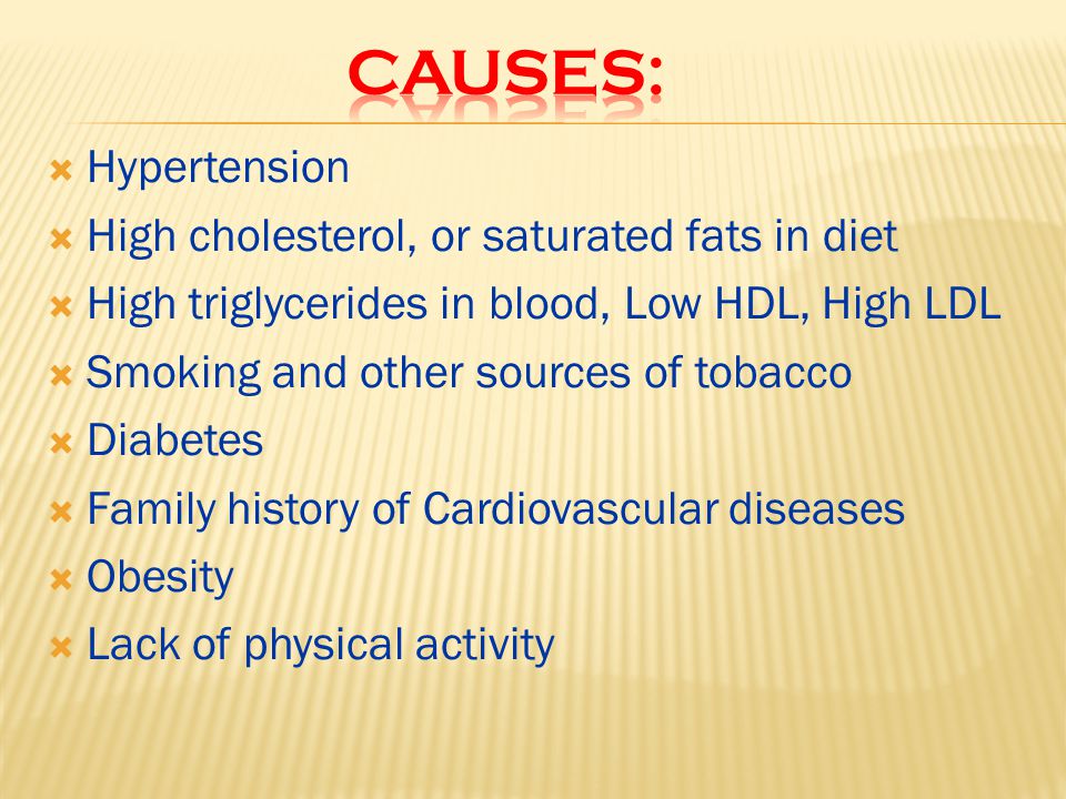  Hypertension  High cholesterol, or saturated fats in diet  High triglycerides in blood, Low HDL, High LDL  Smoking and other sources of tobacco  Diabetes  Family history of Cardiovascular diseases  Obesity  Lack of physical activity