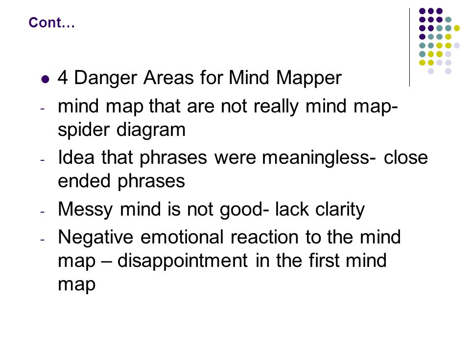 Cont… 4 Danger Areas for Mind Mapper - mind map that are not really mind map- spider diagram - Idea that phrases were meaningless- close ended phrases - Messy mind is not good- lack clarity - Negative emotional reaction to the mind map – disappointment in the first mind map