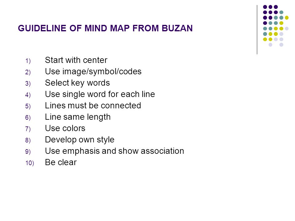 GUIDELINE OF MIND MAP FROM BUZAN 1) Start with center 2) Use image/symbol/codes 3) Select key words 4) Use single word for each line 5) Lines must be connected 6) Line same length 7) Use colors 8) Develop own style 9) Use emphasis and show association 10) Be clear