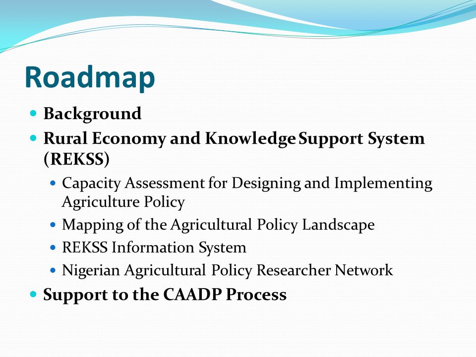 Roadmap Background Rural Economy and Knowledge Support System (REKSS) Capacity Assessment for Designing and Implementing Agriculture Policy Mapping of the Agricultural Policy Landscape REKSS Information System Nigerian Agricultural Policy Researcher Network Support to the CAADP Process