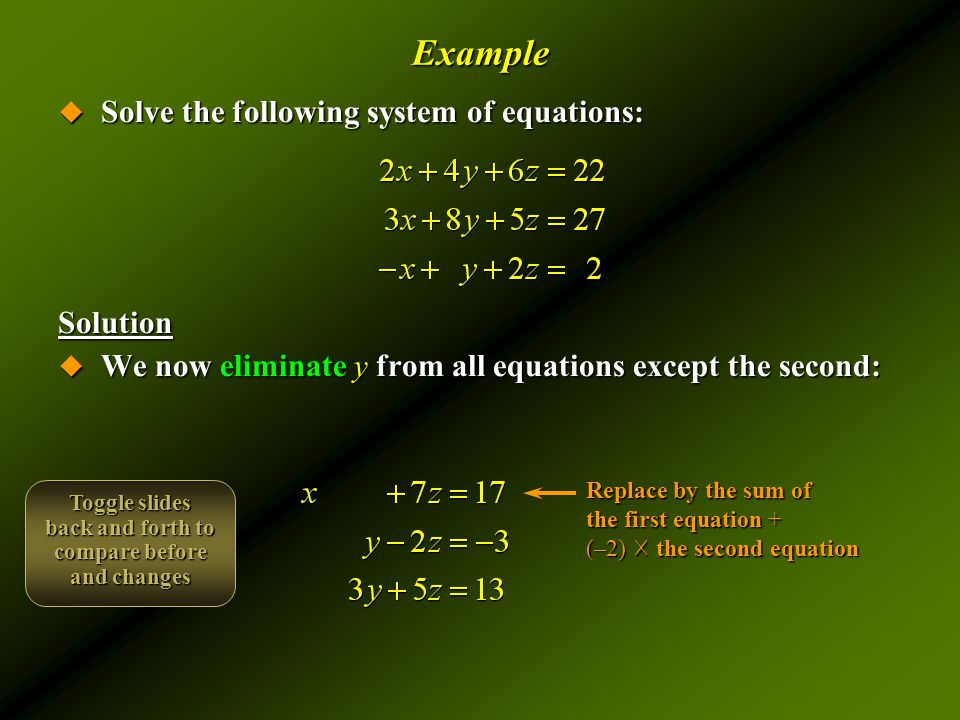 Example  Solve the following system of equations: Solution  We now eliminate y from all equations except the second: Replace by the sum of the first equation + (–2) ☓ the second equation Toggle slides back and forth to compare before and changes