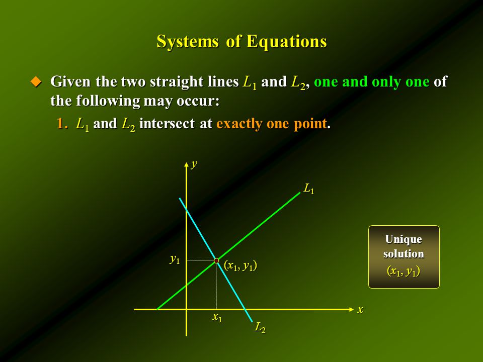 Systems of Equations  Given the two straight lines L 1 and L 2, one and only one of the following may occur: 1.