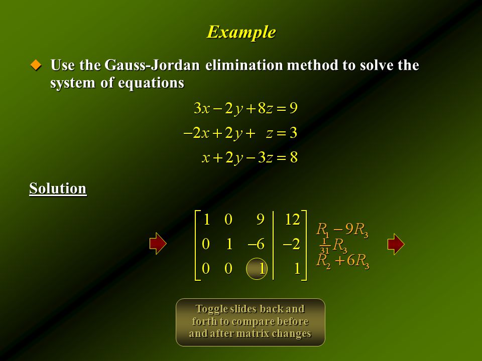 Example  Use the Gauss-Jordan elimination method to solve the system of equations Solution Toggle slides back and forth to compare before and after matrix changes
