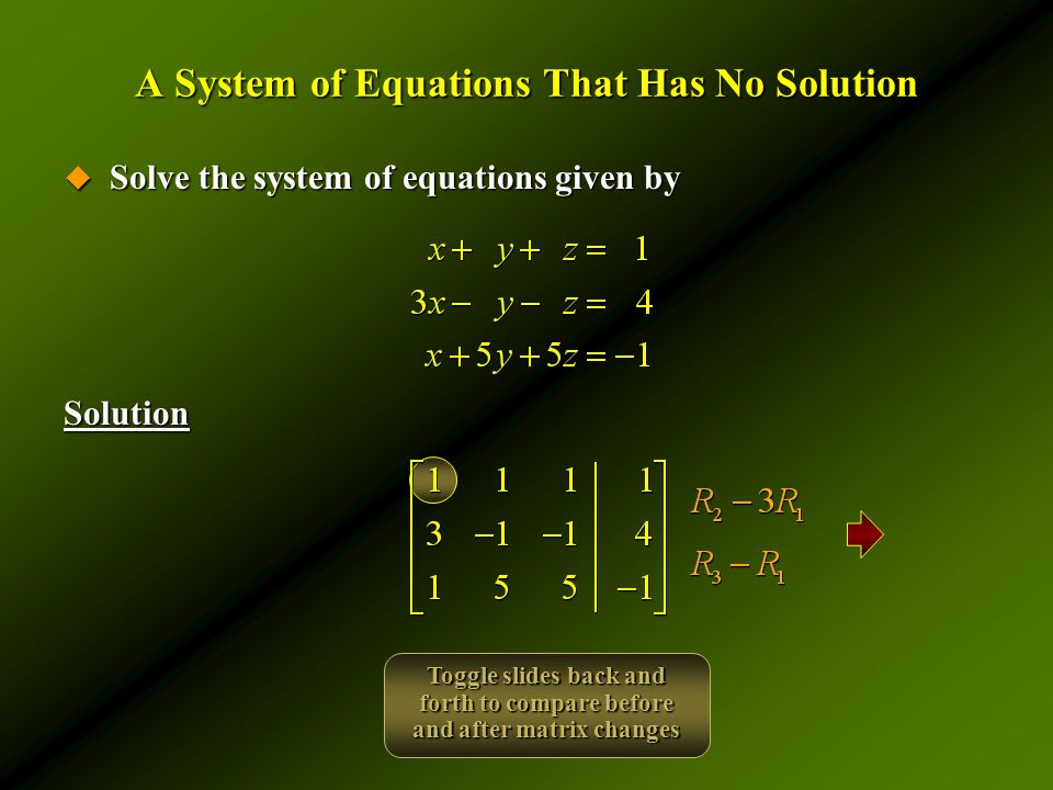 A System of Equations That Has No Solution  Solve the system of equations given by Solution Toggle slides back and forth to compare before and after matrix changes