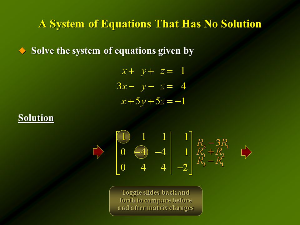 A System of Equations That Has No Solution  Solve the system of equations given by Solution Toggle slides back and forth to compare before and after matrix changes