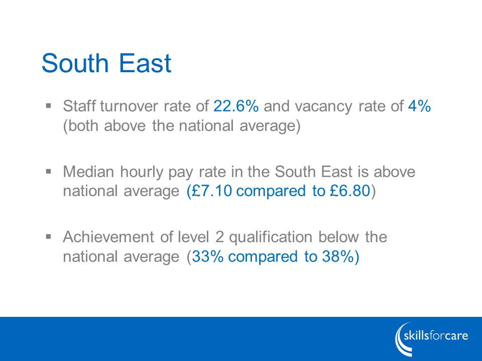 South East  Staff turnover rate of 22.6% and vacancy rate of 4% (both above the national average)  Median hourly pay rate in the South East is above national average (£7.10 compared to £6.80)  Achievement of level 2 qualification below the national average (33% compared to 38%)