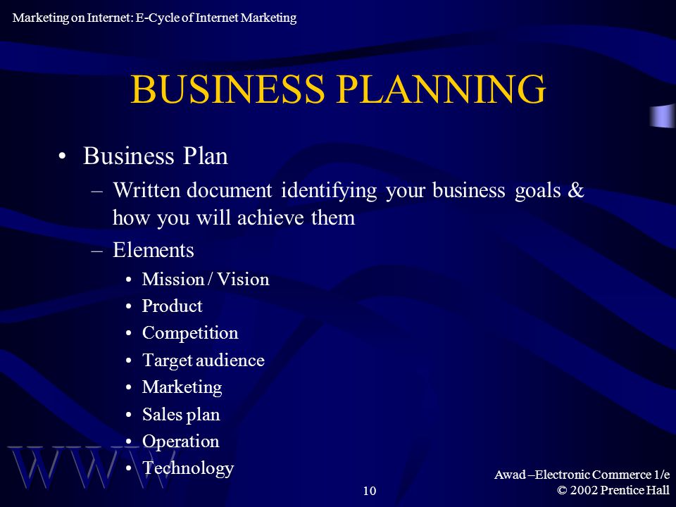Awad –Electronic Commerce 1/e © 2002 Prentice Hall10 BUSINESS PLANNING Business Plan –Written document identifying your business goals & how you will achieve them –Elements Mission / Vision Product Competition Target audience Marketing Sales plan Operation Technology Marketing on Internet: E-Cycle of Internet Marketing