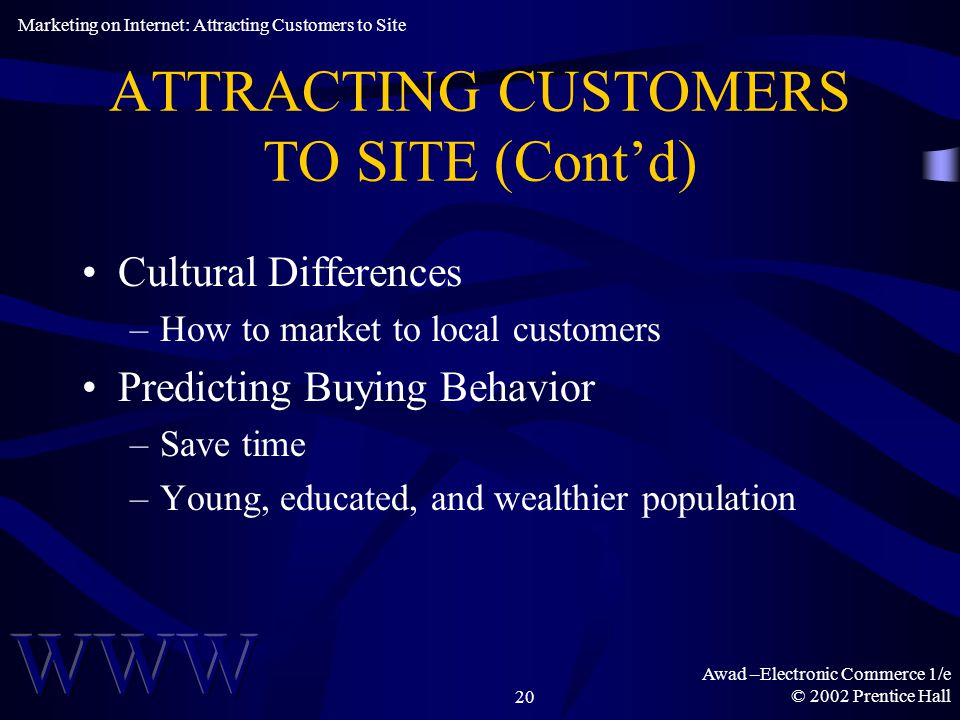 Awad –Electronic Commerce 1/e © 2002 Prentice Hall20 ATTRACTING CUSTOMERS TO SITE (Cont’d) Cultural Differences –How to market to local customers Predicting Buying Behavior –Save time –Young, educated, and wealthier population Marketing on Internet: Attracting Customers to Site
