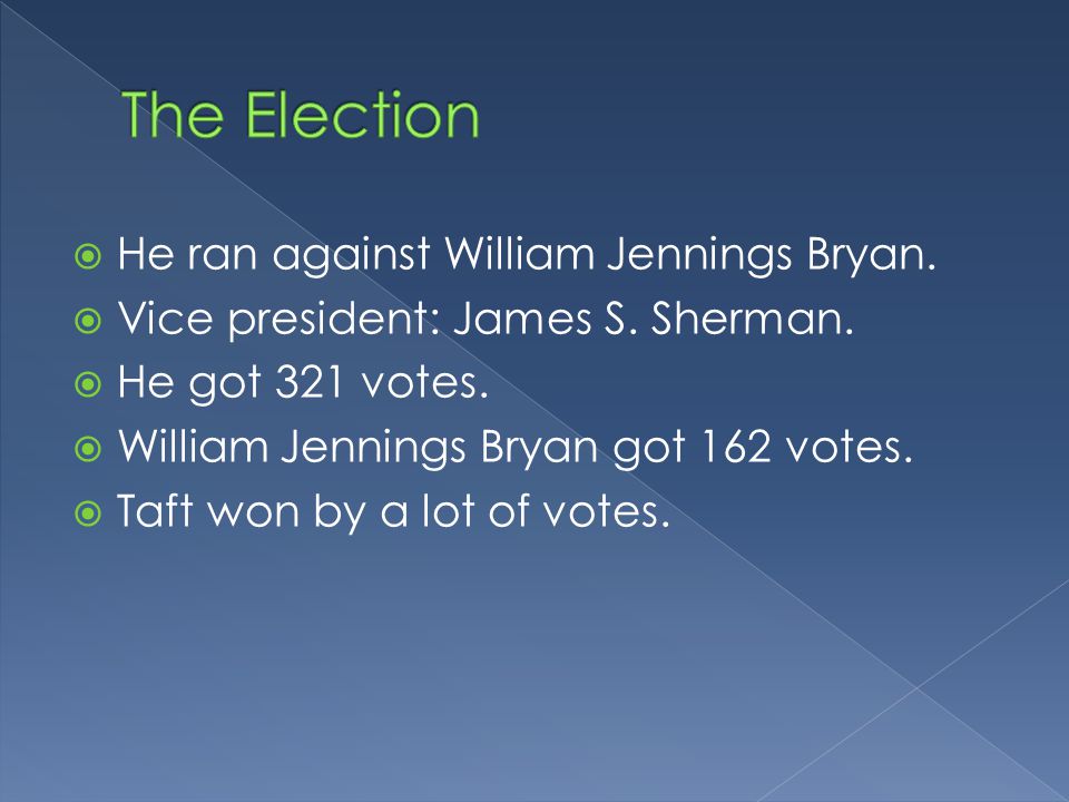  He ran against William Jennings Bryan.  Vice president: James S.