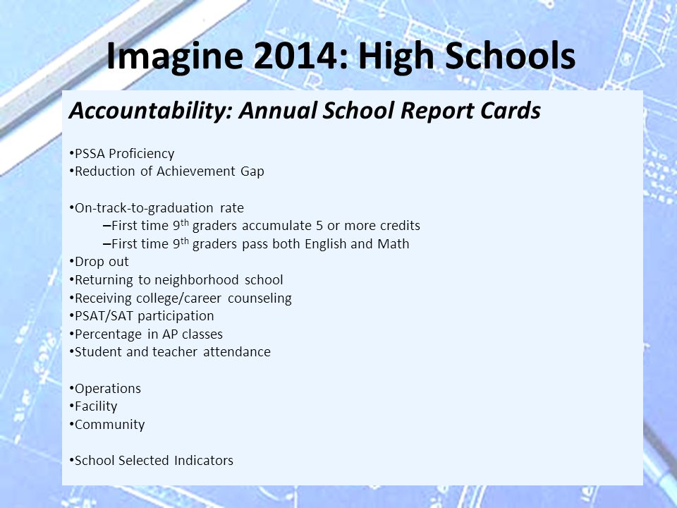 Imagine 2014: High Schools Accountability: Annual School Report Cards PSSA Proficiency Reduction of Achievement Gap On-track-to-graduation rate – First time 9 th graders accumulate 5 or more credits – First time 9 th graders pass both English and Math Drop out Returning to neighborhood school Receiving college/career counseling PSAT/SAT participation Percentage in AP classes Student and teacher attendance Operations Facility Community School Selected Indicators